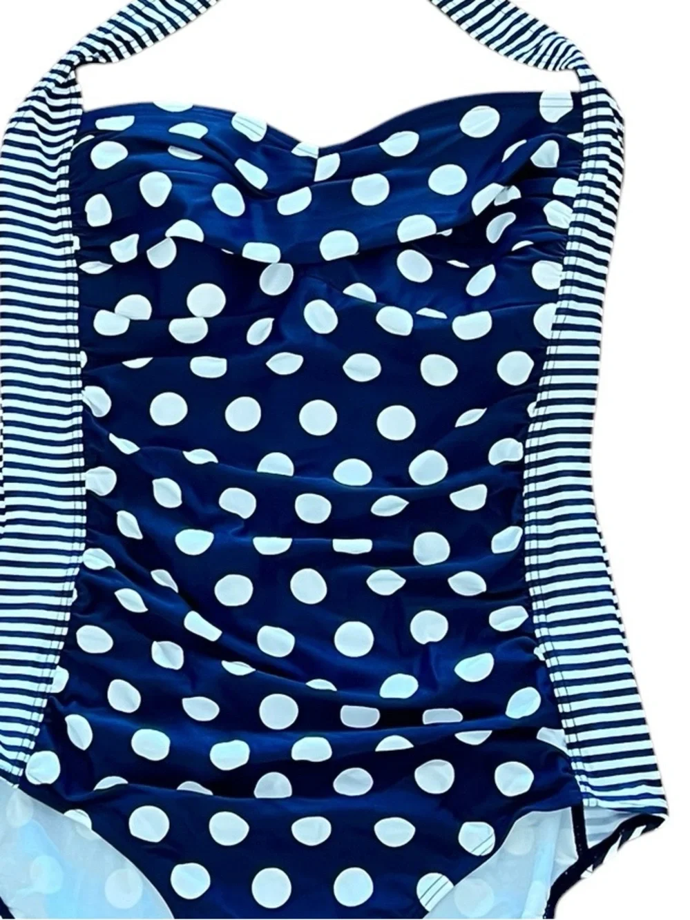New Navy Blue & White Polka Dot Striped Shirred Ruched Retro One Piece Swimsuit